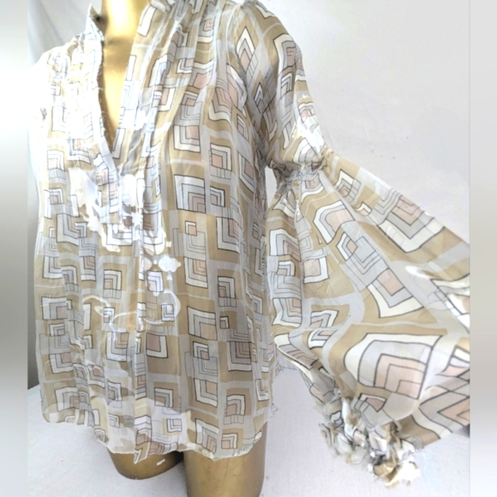 Poleci Silver&Neutral Shimmer Sheer Opaque Abstract Design Poet Sleeve Blouse 10